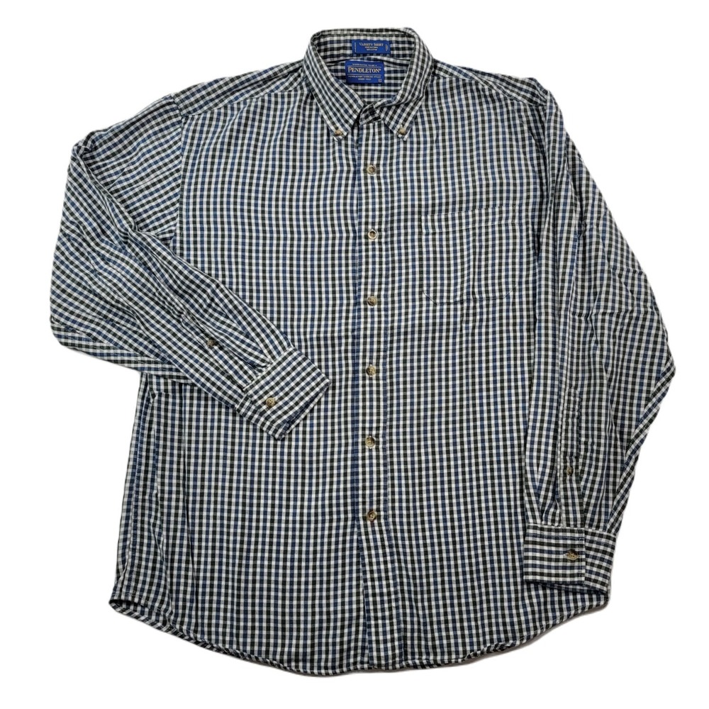 Pendleton Varsity Shirt Mens‎ Large Blue Grey Check Cotton Long Sleeve